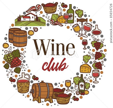 Wine club banner with barrels and grapes alcohol 85654726