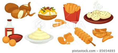 Potato dishes variety, baked and fried lunches 85654893