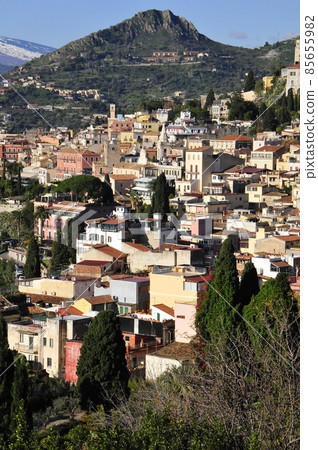 Italy, Sicily, Taormina, View from Greek Theater, Taormina Old Town Italy, Sicily, Taormina, View from Greek Theater, Taormina Old Town 85655982