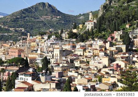 Italy, Sicily, Taormina, View from Greek Theater, Taormina Old Town Italy, Sicily, Taormina, View from Greek Theater, Taormina Old Town 85655983