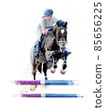 Jockey on horse. Black horse Jumping. Equestrian Events. Show Jumping Competition. Watercolor painting illustration isolated on white background 85656225