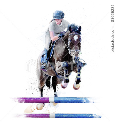 Jockey on horse. Black horse Jumping. Equestrian Events. Show Jumping Competition. Watercolor painting illustration isolated on white background 85656225