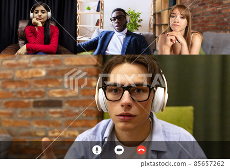 Teamworking, students at online lesson, class via group video call, people share ideas brainstorming use video conference. Collage Teamworking, students at online lesson, class via group video call, people share ideas brainstorming use video conference. Collage 85657262