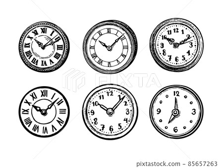 Ink sketch of clock dial faces. 85657263