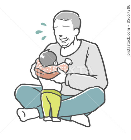 An old man helping his grandson change clothes with a troubled face An old man helping his grandson change clothes with a troubled face 85657286