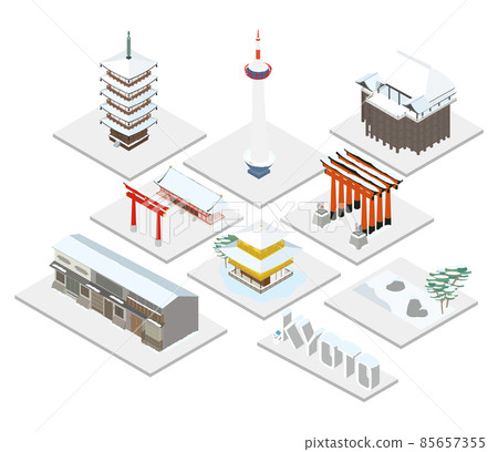 Isometric set of a famous tourist destination in Kyoto where snow is piled up 85657355