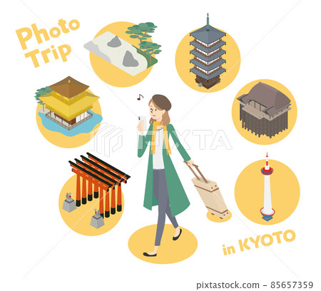 A woman who goes around taking pictures of famous places in Kyoto with a smartphone camera 85657359