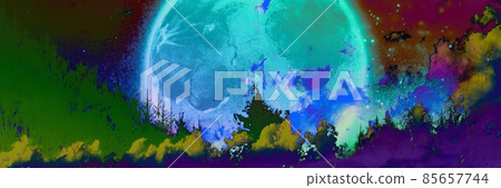 Silhouette illustration of a big full moon shining in space, a starry sky and a deep forest Silhouette illustration of a big full moon shining in space, a starry sky and a deep forest 85657744