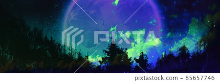 Silhouette illustration of a big full moon shining in space, a starry sky and a deep forest Silhouette illustration of a big full moon shining in space, a starry sky and a deep forest 85657746