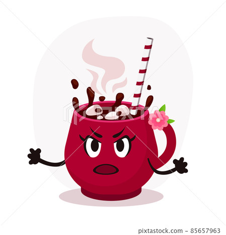 Angry vector flat christmas pink cup illustration. Hot coffee with marshmallows Angry vector flat christmas pink cup illustration. Hot coffee with marshmallows 85657963