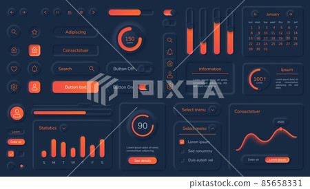 Dark neumorphic user interface elements with neon buttons and bars. Black neumorphism style dashboard design, mobile app ui kit vector set 85658331