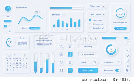 Neumorphic user interface elements, mobile app ui design kit. Buttons, bars, sliders in neumorphism style for website or dashboard vector set 85658332