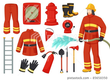 Cartoon firefighter character with fire fighting equipment and tools. Fireman uniform, hydrant, fire alarm, extinguisher, firehose vector set 85658350