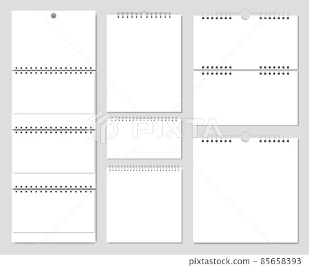 Wall calendar mockup, blank calendars templates with spring binding. Realistic notebook, empty paper sheets on spiral binders vector set Wall calendar mockup, blank calendars templates with spring binding. Realistic notebook, empty paper sheets on spiral binders vector set 85658393