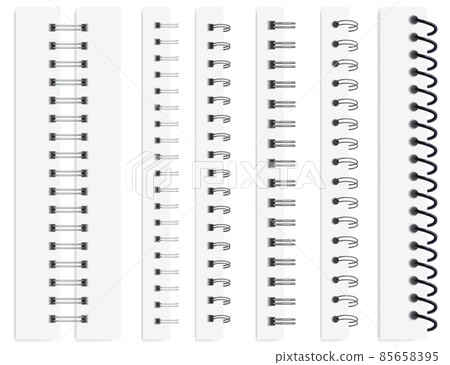 Realistic notebook spirals, calendar metal spiral binders. Binding coils for paper sheets, steel binder rings, wire bindings vector set Realistic notebook spirals, calendar metal spiral binders. Binding coils for paper sheets, steel binder rings, wire bindings vector set 85658395