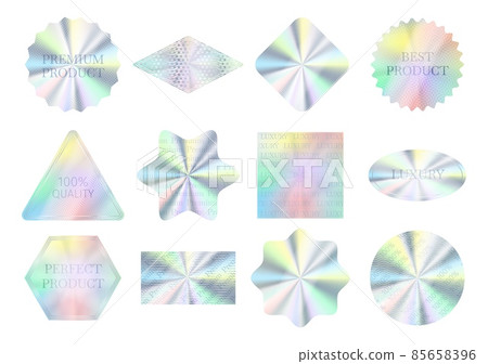 Holographic quality stickers, hologram seal labels, guarantee badges. Silver certificate seals in different shapes, quality sticker vector set Holographic quality stickers, hologram seal labels, guarantee badges. Silver certificate seals in different shapes, quality sticker vector set 85658396