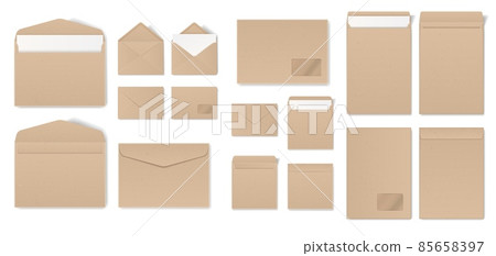 Realistic craft envelope with letters, open and closed envelopes mockups. Paper mail holder in different sizes, letter packaging vector set 85658397