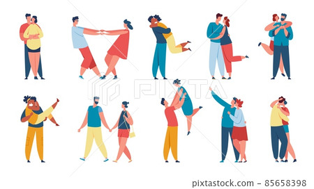 Cute couple in love, young people in romantic relationships. Characters on date, couples dating, hugging or walking together vector set Cute couple in love, young people in romantic relationships. Characters on date, couples dating, hugging or walking together vector set 85658398