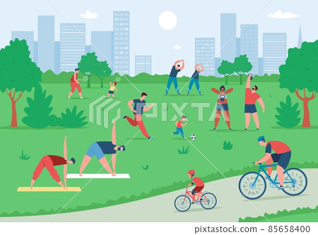People exercising and doing sports outdoor in summer city park. Active characters riding bikes, doing yoga, playing football vector illustration 85658400