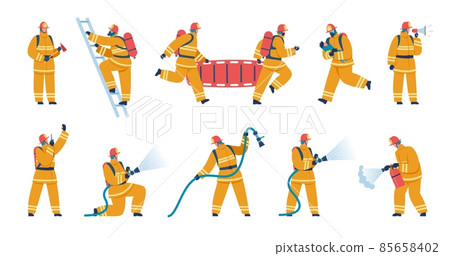 Firefighter characters in uniform, firemen with firefighting equipment. Firefighters saving child, putting out fire using hose vector set 85658402