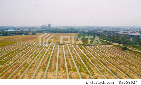 Aerial top view of fresh paddy rice, green agricultural field in countryside or rural area in Asia. Nature landscape background. Aerial top view of fresh paddy rice, green agricultural field in countryside or rural area in Asia. Nature landscape background. 85658624