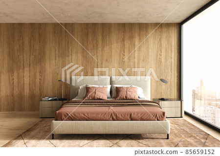 Modern scandinavian and Japandi style bedroom interior design with bed terracotta color, wood panels on wall and floor. 3d render illustration. Modern scandinavian and Japandi style bedroom interior design with bed terracotta color, wood panels on wall and floor. 3d render illustration. 85659152
