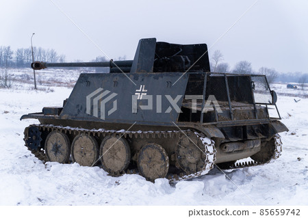 Russia. Saint-Petersburg. Krasnoselsky district. December 12, 2021. German Marder-2 anti-tank self-propelled gun in the Steel Landing tank Park. Russia. Saint-Petersburg. Krasnoselsky district. December 12, 2021. German Marder-2 anti-tank self-propelled gun in the Steel Landing tank Park. 85659742