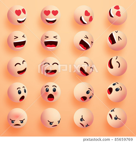 Smile faces happy emoticons. 3d emoji set. Smiley face icons with different expressions. Cartoon characters smile and sad faces 85659769