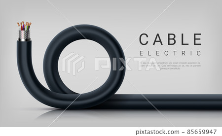 Copper cable. Realistic electrical multicore wire with coloured isolation. Vector curved power cord illustration Copper cable. Realistic electrical multicore wire with coloured isolation. Vector curved power cord illustration 85659947