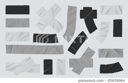 Duct tape. Realistic black and grey adhesive bandage, sticky isolated strip piece, torn duct tape. Vector isolated set 85659964