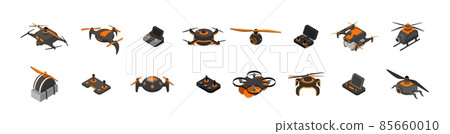 Isometric drones. Cartoon 3D aerial vehicle, isolated unmanned aviation copters, delivery fire police and user drones. Vector set Isometric drones. Cartoon 3D aerial vehicle, isolated unmanned aviation copters, delivery fire police and user drones. Vector set 85660010