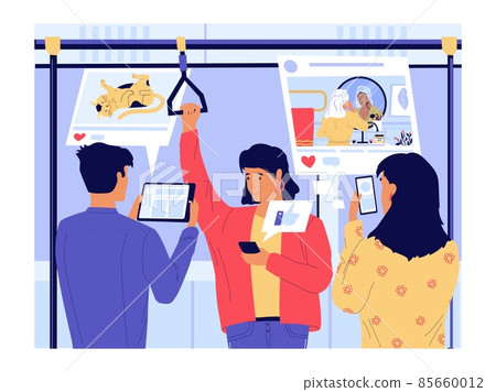 Phone addiction. Young cartoon people using gadgets and mobile phones, bad habit with cellphone. Vector social network and online entertainment addiction 85660012