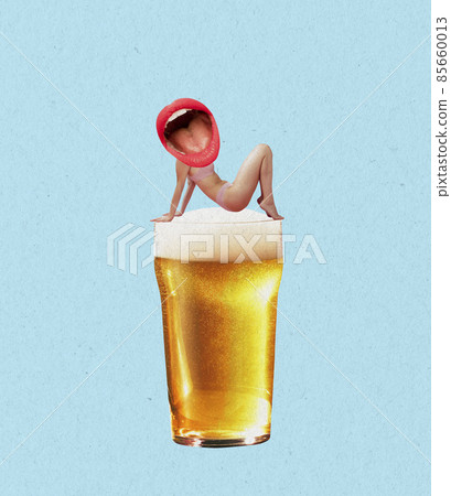 Slim woman with open mouth insted head sitting on edge of big glass with frothy lager beer. Contemporary art collage. Surrealism 85660013