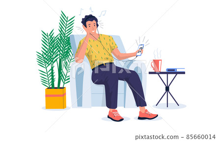Music therapy. Cartoon character listen music via headphones and enjoying sound, podcast or online interview. Vector young person with earphones 85660014