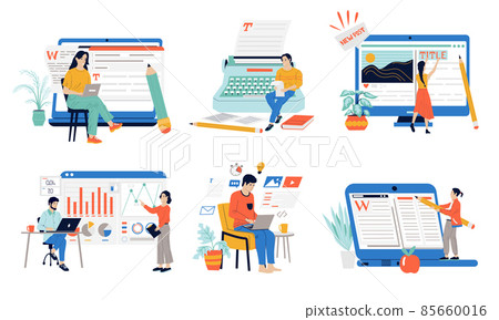 Content manager. Cartoon journalist copywriter working on text and storytelling, SEO boost and audience growth. Vector traffic marketing Content manager. Cartoon journalist copywriter working on text and storytelling, SEO boost and audience growth. Vector traffic marketing 85660016