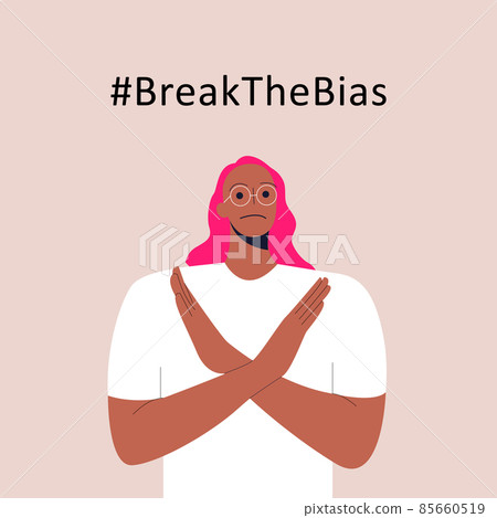 International womens day. IWD. 8th march. Poster with black woman cross arms. Hashtag BreakTheBias campaign. Vector illustration in flat style for web, banner, social networks. International womens day. IWD. 8th march. Poster with black woman cross arms. Hashtag BreakTheBias campaign. Vector illustration in flat style for web, banner, social networks. 85660519