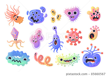 Germ character. Cartoon virus or microbe cell with funny faces. Caricature flu disease bacteria. Microscopic monsters. Pathogen creature mascots. Vector infection microorganisms set Germ character. Cartoon virus or microbe cell with funny faces. Caricature flu disease bacteria. Microscopic monsters. Pathogen creature mascots. Vector infection microorganisms set 85660567