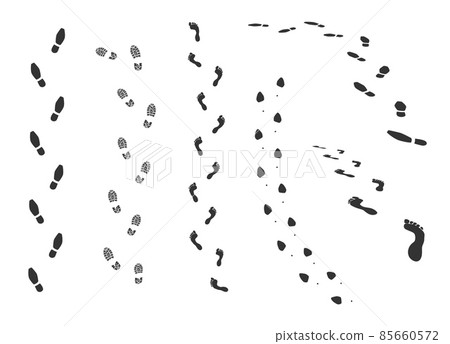Foot trail. Bare foot and shoe print human trail. Black silhouette walk steps. Male or female leg imprints. Naked soles or footwear tracks. Footstep path. Vector boot shoeprints set 85660572