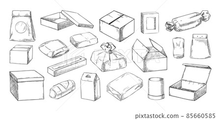 Box and package sketch. Hand drawn open and closed delivery containers and breakfast lunchbox. Cardboard package. Paper food packs. Takeaway snack packaging. Vector meal wrappers set Box and package sketch. Hand drawn open and closed delivery containers and breakfast lunchbox. Cardboard package. Paper food packs. Takeaway snack packaging. Vector meal wrappers set 85660585
