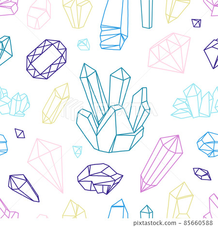 Treasure stones pattern. Seamless print with diamond and crystals gemstones. Faceted gems. Natural minerals. Precious ruby and amethyst. Line rhinestone. Luxury jewels. Vector texture 85660588