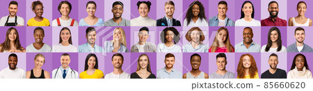 Positive People. Collage of different smiling multicultural men and women faces 85660620