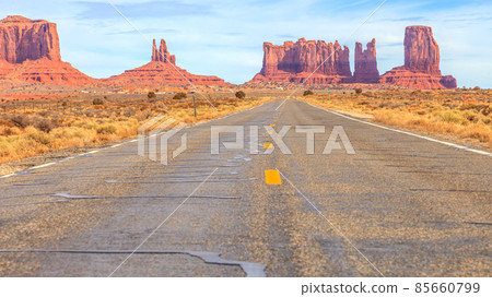 View to rocks of the Monument Valley alomg a road in the desert 85660799