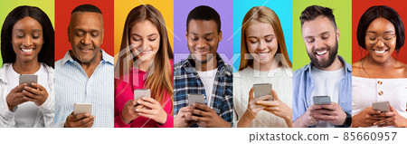 Phubbing Concept. Diverse Multiethnic Men And Women Using Smartphones Over Bright Backgrounds 85660957