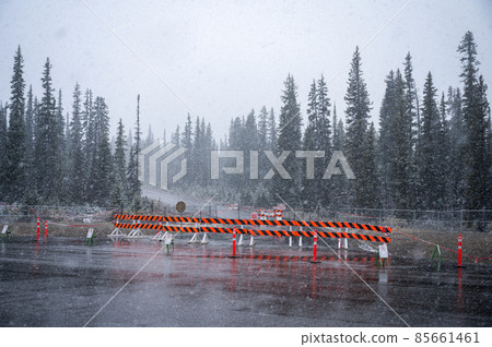Traffic barrier, no parking sign on asphalt road in construction site 85661461