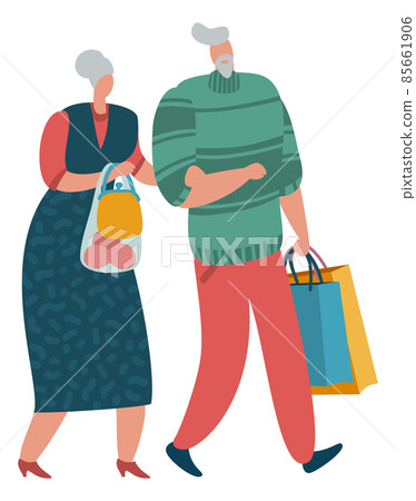 Old couple going with grocery bags. Seniors shopping together Old couple going with grocery bags. Seniors shopping together 85661906