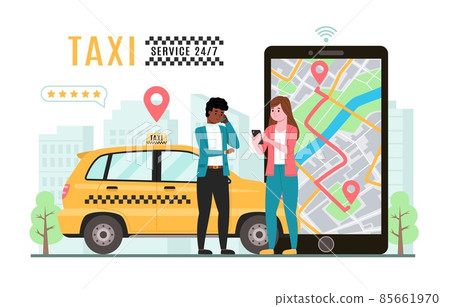 Taxi online service. Calling car via mobile app, people waiting city transport, gps route tracking, man and woman use gadget, city map on huge smartphone screen, vector isolated concept 85661970