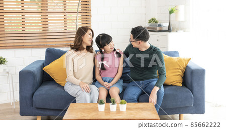 Happy Asian family talking together on sofa at home living room. 85662222