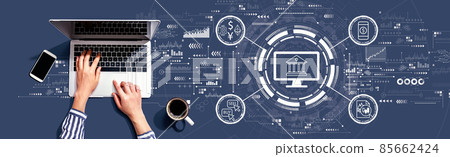 Cryptocurrency fintech theme with person using laptop Cryptocurrency fintech theme with person using laptop 85662424
