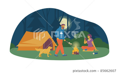 Banner with tourists around campfire in camp, flat vector illustration isolated. Banner with tourists around campfire in camp, flat vector illustration isolated. 85662607