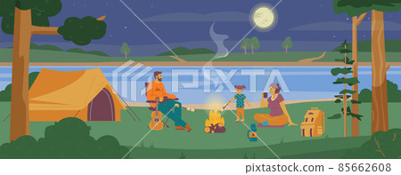 Happy family enjoys landscape at the campsite with tent and bonfire, flat vector illustration. Happy family enjoys landscape at the campsite with tent and bonfire, flat vector illustration. 85662608